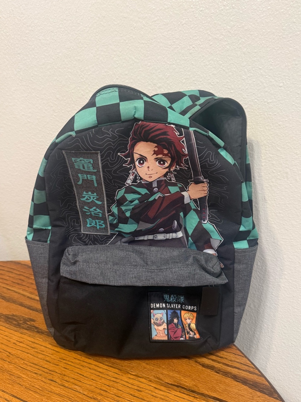 Demon Slayer Tanjiro Kid's Checkerboard Backpack - Green/Black